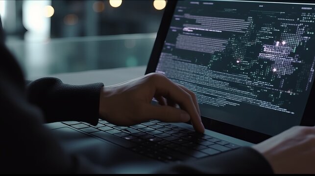 Software development concept. Coding programmer, software engineer working on laptop with javascript computer code on virtual screen, internet of things IoT, digital technology