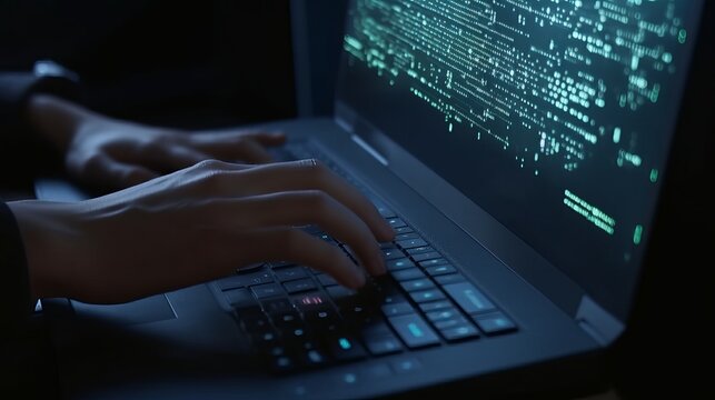 Software development concept. Coding programmer, software engineer working on laptop with javascript computer code on virtual screen, internet of things IoT, digital technology, Generative AI