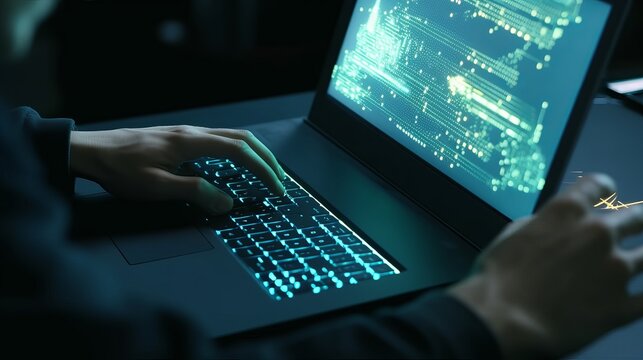 Software development concept. Coding programmer, software engineer working on laptop with javascript computer code on virtual screen, internet of things IoT, digital technology, Generative AI