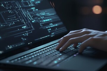 Software development concept. Coding programmer, software engineer working on laptop with javascript computer code on virtual screen, internet of things IoT, digital technology, Generative AI