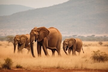 Naklejka na ściany i meble Family of elephants in the savanna