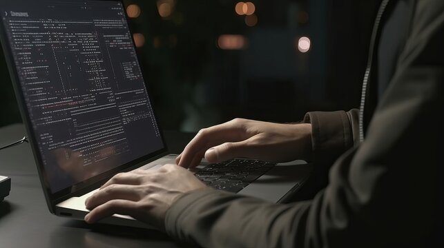 Software development concept. Coding programmer, software engineer working on laptop with javascript computer code on virtual screen, internet of things IoT, digital technology, Generative AI