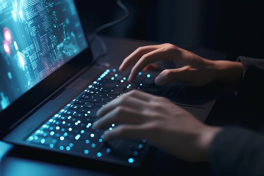 Software development concept. Coding programmer, software engineer working on laptop with javascript computer code on virtual screen, internet of things IoT, digital technology, Generative AI