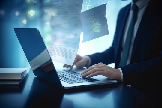 Software development concept. Coding programmer, software engineer working on laptop with javascript computer code on virtual screen, internet of things IoT, digital technology, Generative AI