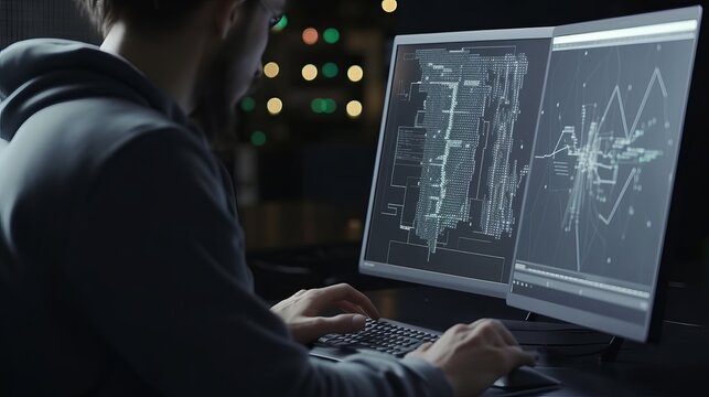 Software development concept. Coding programmer, software engineer working on laptop with javascript computer code on virtual screen, internet of things IoT, digital technology, Generative AI