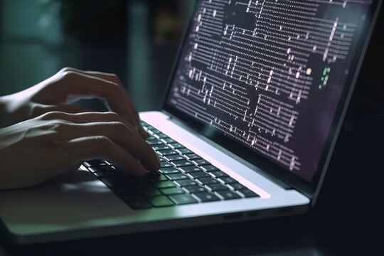Software development concept. Coding programmer, software engineer working on laptop with javascript computer code on virtual screen, internet of things IoT, digital technology, Generative AI