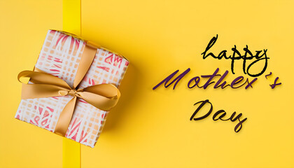 text happy mother's day Gift box with golden satin ribbon and bow on yellow background. Holiday gift with copy space. Birthday or Christmas present, flat lay, top view, Ai generated 