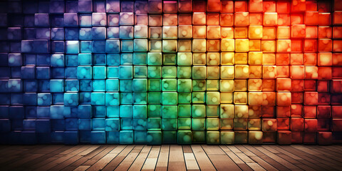  AI-generated image featuring a colorful gradient of illuminated 3D cubes on a wall with wooden floor foreground.