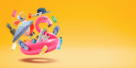Foto op Plexiglas Happy inflatable flamingo and beach accessories © stokkete