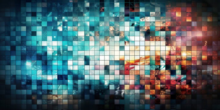 Abstract multicolored background. Colored geometric pattern. Mosaic and bokeh. Abstract background, wallpaper or web design illustration, horizontal layout. AI generated illustration.