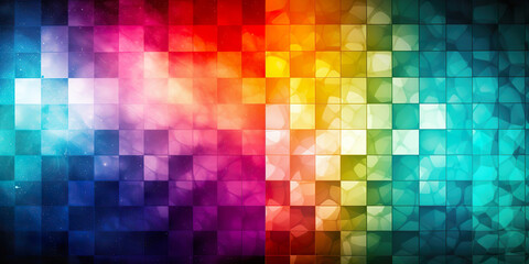 Abstract multicolored background. Colored geometric pattern. Mosaic and bokeh. Abstract background, wallpaper or web design illustration, horizontal layout. AI generated illustration.