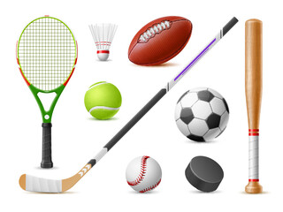 Realistic sport balls clubs. 3d isolated sport games accessories, detailed tennis racket, baseball bat, badminton shuttlecock, hockey stick and puck, football and rugby ball utter vector set