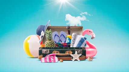 Beach accessories and vintage suitcase