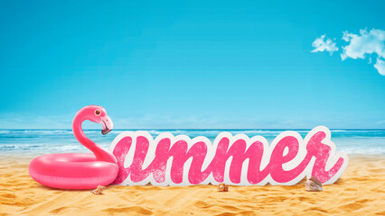 Summer sign and inflatable flamingo toy