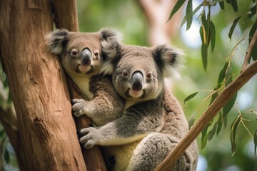 Mother and baby koalas in a tre - obrazy, fototapety, plakaty