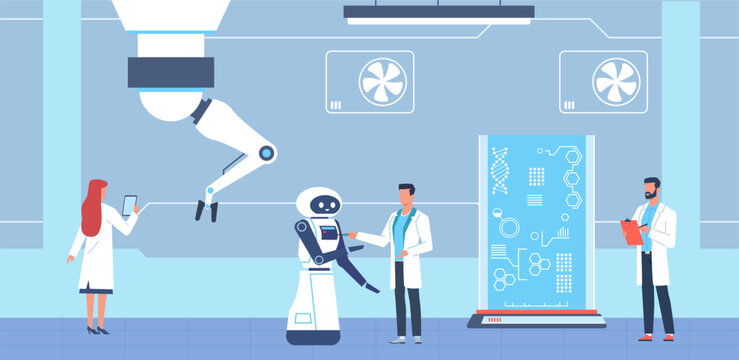 Research center for artificial intelligence and robots. Future technology. Tech progress, people and ai. Innovation and development of science. Cartoon flat style isolated vector concept