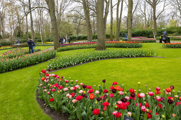 Keukenhof, Lisse Netherlands - April 18, 2023: Visitors at the Keukenhof Garden in Lisse, Netherlands.