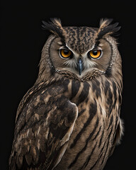 Generated photorealistic image of a forest owl with orange eyes