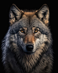 Generated photorealistic close-up portrait of a wild wolf 