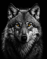 Generated photorealistic close-up portrait of a wild wolf in black and white