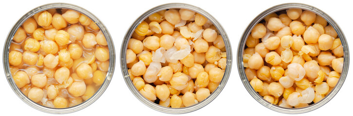 Flat lay view at opened tin cans with chickpeas isolated on transparent background