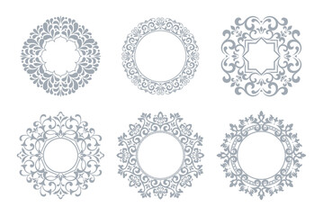 Set of decorative frames Elegant vector element for design in Eastern style, place for text. Floral gray and white borders. Lace illustration for invitations and greeting cards