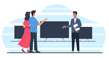 Salesman shows man and woman big screen TV in electronics store. Customer making purchases, product presentation for buyers. Cartoon flat style isolated marketing vector shopping concept