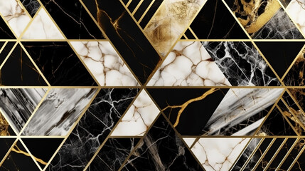 Naklejka premium Abstract marble mosaic background, art deco wallpaper, black-white gold marbled tile -Generative AI