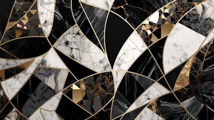 Fototapeta premium Abstract marble mosaic background, art deco wallpaper, black-white gold marbled tile -Generative AI
