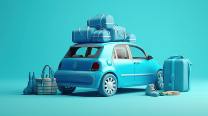 Blue car with luggage ready for summer vacation 3D Rendering -  AI Generative