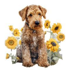 Watercolor puppy with sunflower flowers