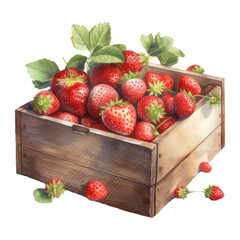 Watercolor fresh strawberries in a box