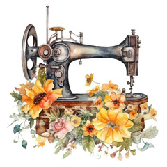 Watercolor retro sewing machine in flowers