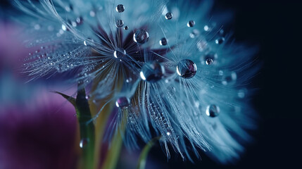 Close-up shot of dandelion with water droplets - Generative AI
