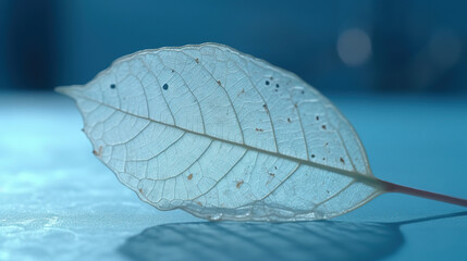 Beautiful white skeletonized leaf on a light blue background with round bokeh.  artistic image of beauty and purity of nature - AI Generative