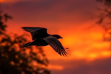 A bird in flight against a fiery sunse