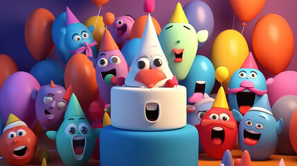 Birthday Concept, Happy Cartoons with balloons - Generative AI