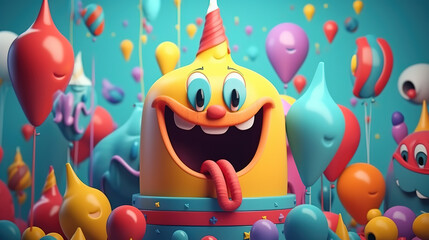 Birthday Concept, Happy Cartoons with balloons - Generative AI