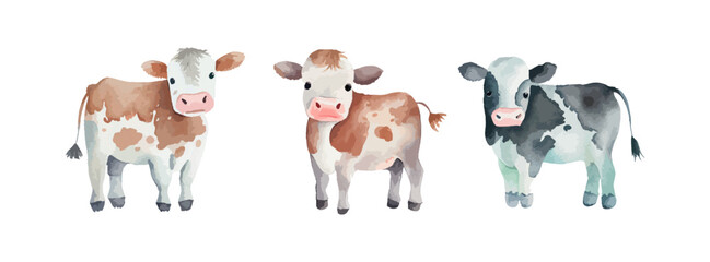 Cute cow watercolor isolated on white background. Farm cow animal set. Vector illustration