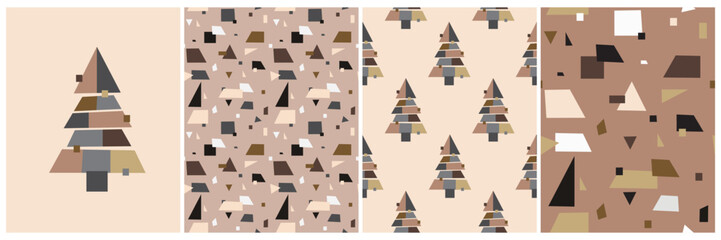 Simple Modern Winter Holidays Vector Print with Christmas Trees made od Triangles and Squares. Cubism Style Christmas Card. Seamless Vector Pattern with Xmas Trees. Geometric Repeatable Background.