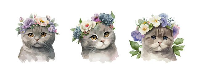 Cute grey cat watercolor isolated on white background. Set of kitty british shorthair cats with beautiful flowers. Vector illustration - obrazy, fototapety, plakaty