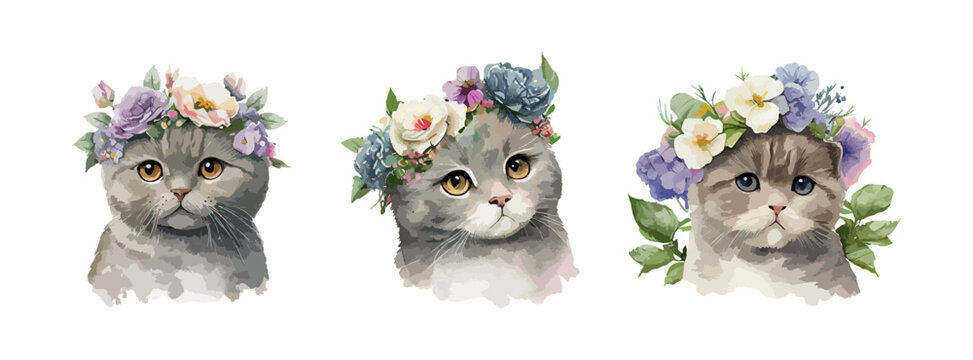 Cute grey cat watercolor isolated on white background. Set of kitty british shorthair cats with beautiful flowers. Vector illustration
