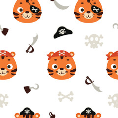 Cute little pirate tiger head seamless childish pattern. Funny cartoon animal character for fabric, wrapping, textile, wallpaper, apparel. Vector illustration