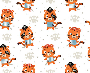 Fototapeta premium Cute little pirate tiger seamless childish pattern. Funny cartoon animal character for fabric, wrapping, textile, wallpaper, apparel. Vector illustration
