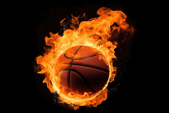 Basketball ball on fire with flames on a black background, created with Generative AI