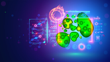 Bacteria cell in microscope with medical tech interface. Analysis DNA of biology cell. Computer diagnostic in medicine and science. Bacteria cell macro view. Data on biology lab computer interface.