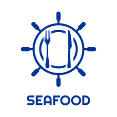 Logo restaurante con texto Seafood con silueta de cubiertos en timón de barco
