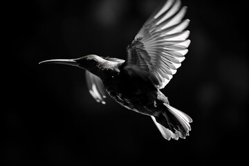 A bird in mid-flight, captured in black and whit