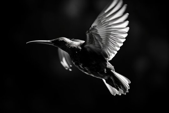 A bird in mid-flight, captured in black and whit