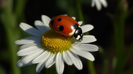 Fototapeta premium A tiny ladybug on a white daisy flower - Generative AI